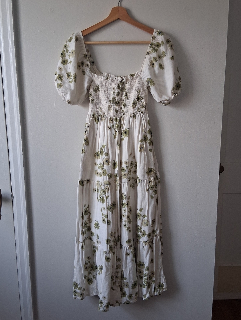 Abercrombie & Fitch Off White & Green Floral Dress Linen & Viscose Mix